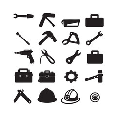 Fototapeta premium Collection of black silhouetted tools and safety gear on a white background
