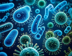Microscopic view of various bacteria and viruses