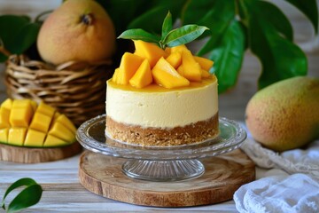 A mini mango cheesecake sits on a glass cake stand, adorned with fresh mango slices and leaves.  Surrounding it are whole mangoes in a basket and additional sliced mango. 