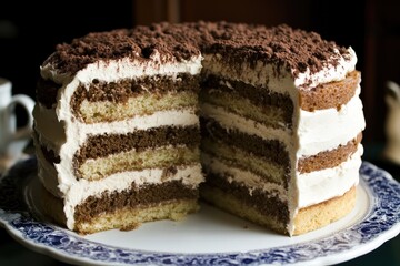 A partially sliced layered cake with alternating coffee-soaked sponge and creamy filling, topped with cocoa powder, rests on a decorative cake stand