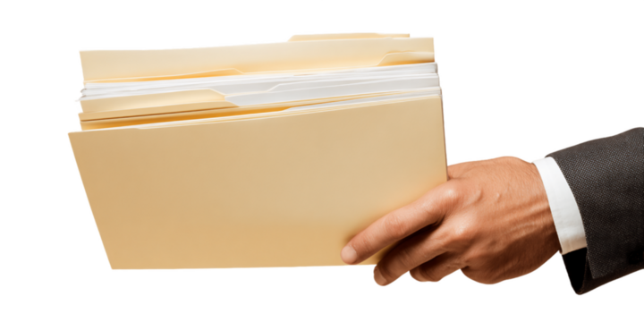 Hand Holding a Beige File Folder Filled with Documents, PNG