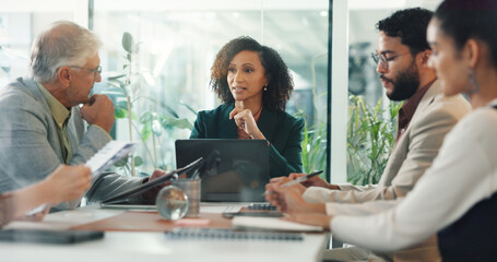 Businesswoman, team or laptop in office for meeting, budget review or documents for information. Financial manager, tech or group in accounting agency for discussion, company update or files for news