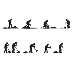 Naklejka premium Human evolution depicted through silhouettes of people digging and using tools over time