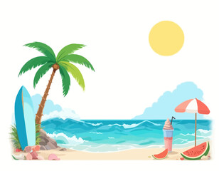 Obraz premium summer elements including palm trees, sun and beach accessories. Perfect for holiday designs, banners, posters, and seasonal promotional materials.