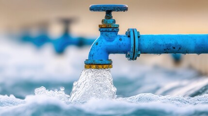 Water flowing blue outdoor faucet