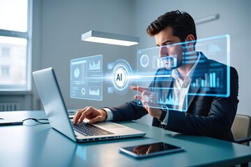 AI agent analyzing data and generating reports. Artificial intelligence and intelligent automation IA technology. Businessman using laptop computer to give instructions to AI at desk in office. 