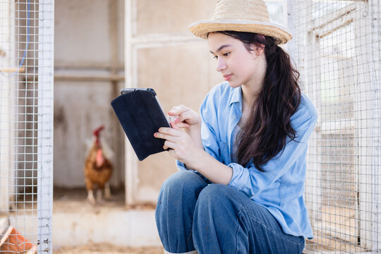 Young generation z scientist uses tablet for agricultural education on farm outdoor, combining technology and farming knowledge with calm and focused expression