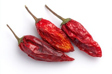 White backdrop featuring shiny opaque dried red hot peppers from above