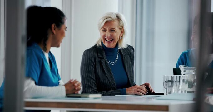 Meeting, doctors and laugh with people in office for teamwork, planning or genetic disease cure. Healthcare innovation, collaboration and medical with nurses in hospital with joke and partnership