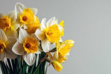 Fototapeta premium White backdrop with yellow daffodils Easter theme