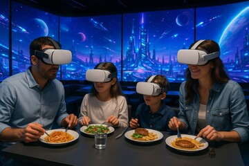 Family Dining with Virtual Reality in Futuristic Restaurant