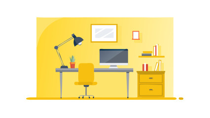 Home office setup vector design with desk chair computer lamp and yellow background for workspace illustration
