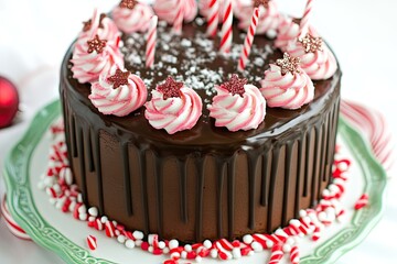 A decadent chocolate cake, adorned with a rich chocolate ganache, pink and white swirls of frosting, candy canes, and sparkling sprinkles, sits on a decorative plate