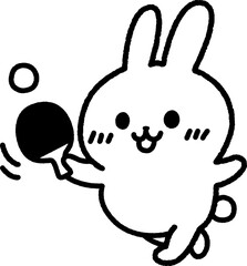 卓球をする、うさぎ（線画）のイラスト