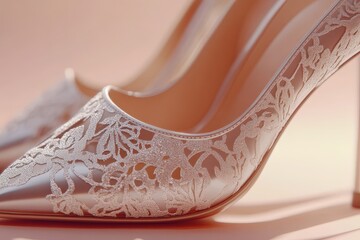 Obraz premium Close-up of elegant, lacy high-heeled shoes.