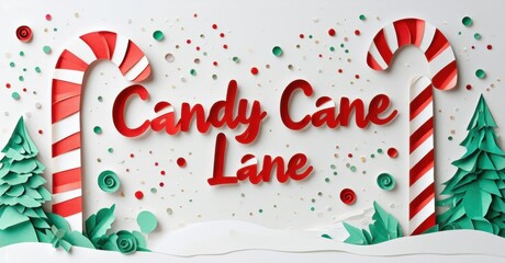 Festive papercraft scene depicts candy canes, trees, text. Red, green hues create cheerful holiday vibe. Simple, layered design.