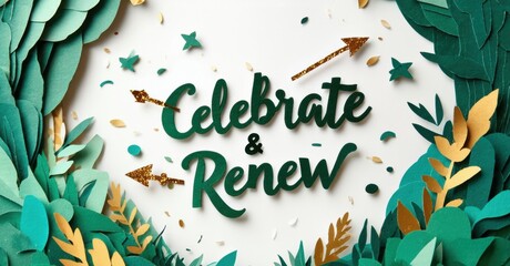 Obraz premium Papercraft design features text Celebrate Renew. Lush greenery surrounds message, accented by gold details, stars, arrow. Festive, vibrant.