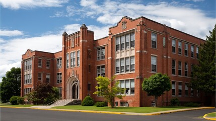 Traditional american school building exterior with clear blue sky