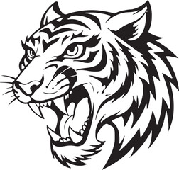 Roaring Tiger Head Black and White Vector Illustration – Wild Animal Tattoo Design