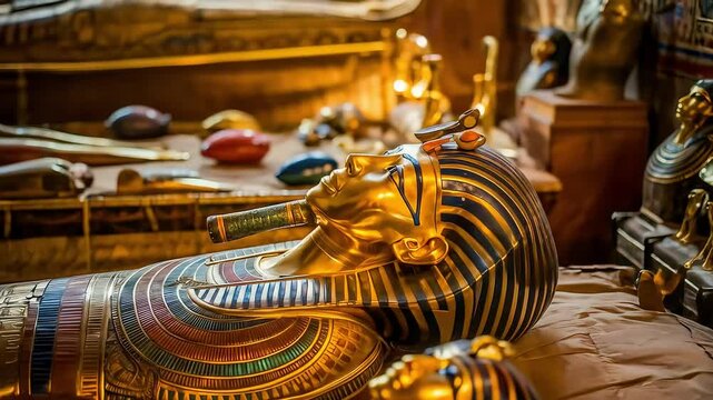 A stunning close-up of a golden Egyptian sarcophagus, surrounded by priceless artifacts inside an ancient burial chamber