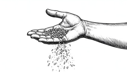 Hand sowing seeds with white background.