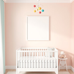 blank frame mockup in a nursery pastel colors whimsical children theme 3d render portrait orientation crib side poster display soft plush toys cozy atmosphere charming interior design