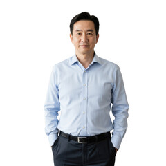 Fototapeta premium Professional asian man in light blue button down shirt and dark trousers standing confidently with hands in pockets isolated on transparent background