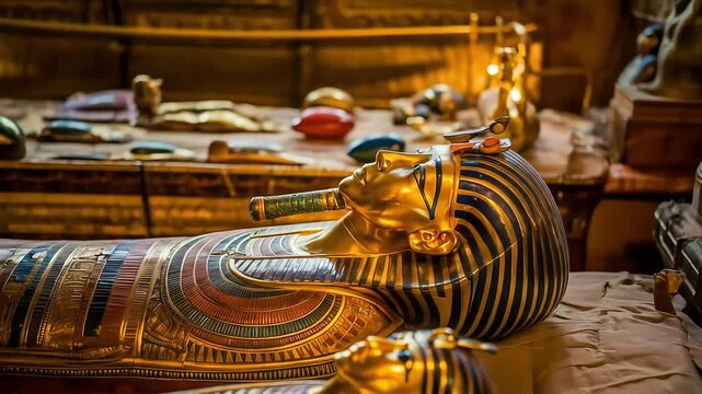 A stunning close-up of a golden Egyptian sarcophagus, surrounded by priceless artifacts inside an ancient burial chamber