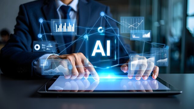 AI agent analyzing data and generating reports. Artificial intelligence and intelligent automation IA technology. Businessman using laptop computer to give instructions to AI at desk in office. 