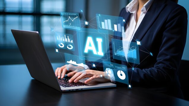 AI agent analyzing data and generating reports. Artificial intelligence and intelligent automation IA technology. Businessman using laptop computer to give instructions to AI at desk in office. 
