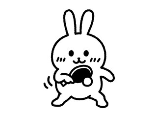 卓球のバックハンドを打つ、うさぎ（線画）のイラスト
