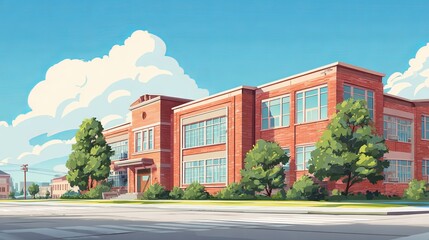 Traditional american school building exterior with clear blue sky