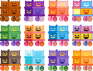 Colorful Jack-o'-Lantern Cart Icon Set – 12 Cute and Playful Halloween Illustrations