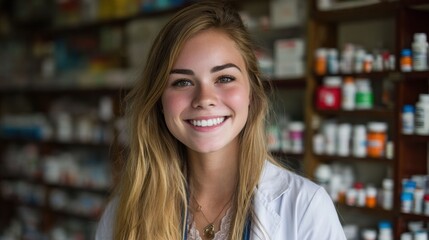 Little Girl in doctor coat smiles sweetly while standing in hospital medical supply room, show spirit of future doctor, conveys dreams, compassion, and dedication to healthcare.