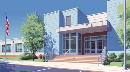 Traditional american school building exterior with clear blue sky