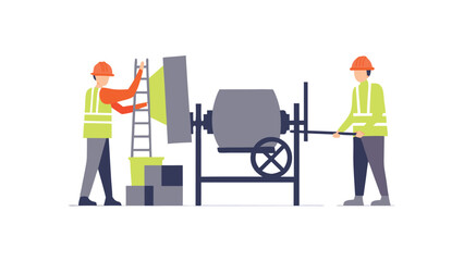 Two construction workers operating a cement mixer with one using a ladder to fill it up