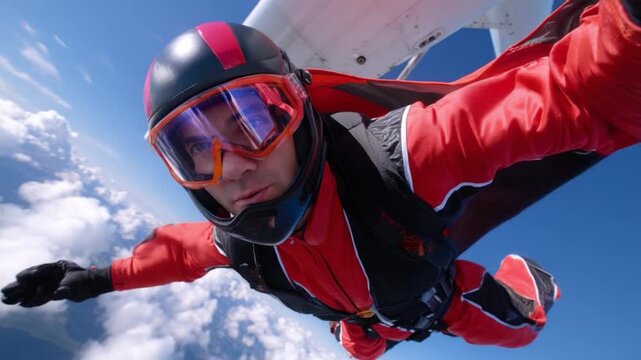 Skydiving Adventure: Capturing the exhilaration of a skydiver in freefall against a backdrop of an expansive blue sky. The person is fully immersed in the exciting experience.