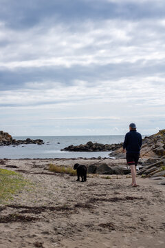Man walking dog on sandy beach by ocean under cloudy sky
