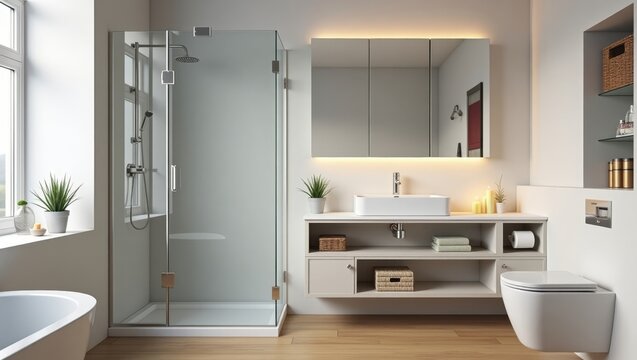 Modern bathroom with glass shower enclosure and vanity.
