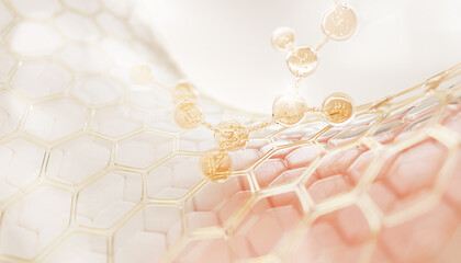 3d epidermis skin layer with hexagon cell pattern and molecule. Gold liquid honeycomb texture with cosmetic oil drop, collagen serum, retinol vitamin, hyaluron essence for moisture. 3D illustration
