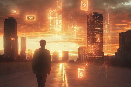 A silhouetted figure walks away from the viewer on a city road at sunset,  with glowing digital currency symbols floating above a cityscape - Powered by Adobe
