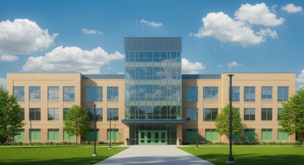 The school building shines brightly on a sunny day