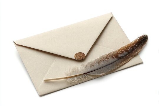White background with an envelope and feather separated