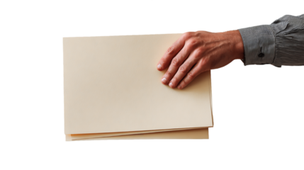 Hand on Stack of Beige Paper Files, PNG