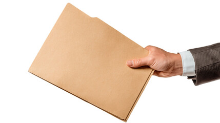 Hand Offering Brown File Folder Against Transparent Background, PNG