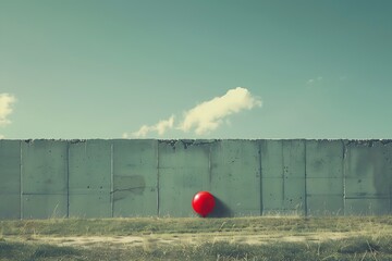 Red Sphere's Reflection: A solitary red sphere rests against a long, imposing wall under a vast, inviting sky, suggesting contemplation and contrast. 
