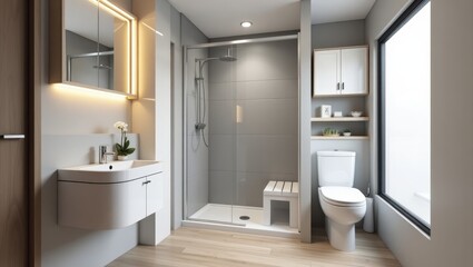 Modern bathroom with walk-in shower and vanity.