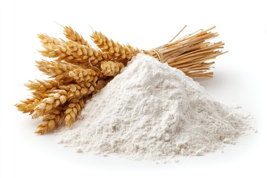 White background with separated flour and wheat