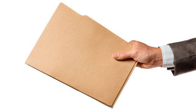 Hand Offering Brown File Folder Against Transparent Background, PNG