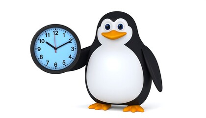 Obraz premium Cartoon penguin holding a clock